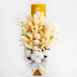 Lumânare cununie / botez decorată cu flori de bumbac